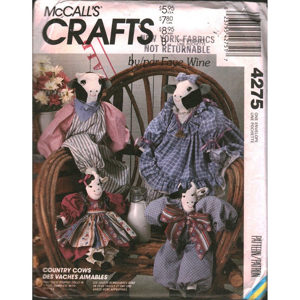 McCall's Crafts 4275 Country Cows Stuffed Doll Sewing Pattern Faye Wine Vintage
